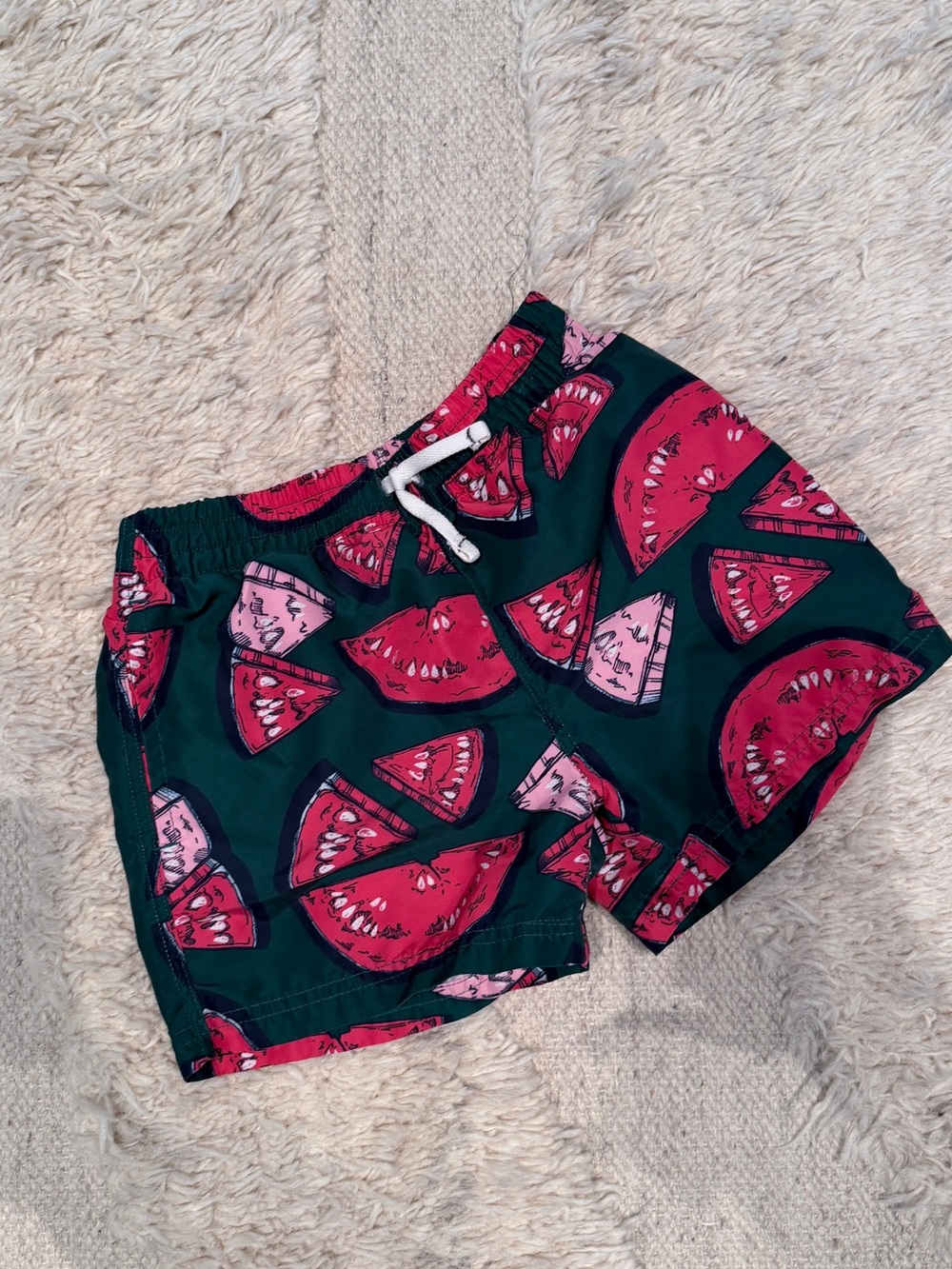 Pink Chicken Green Swim Shorts with Pink & Red Print